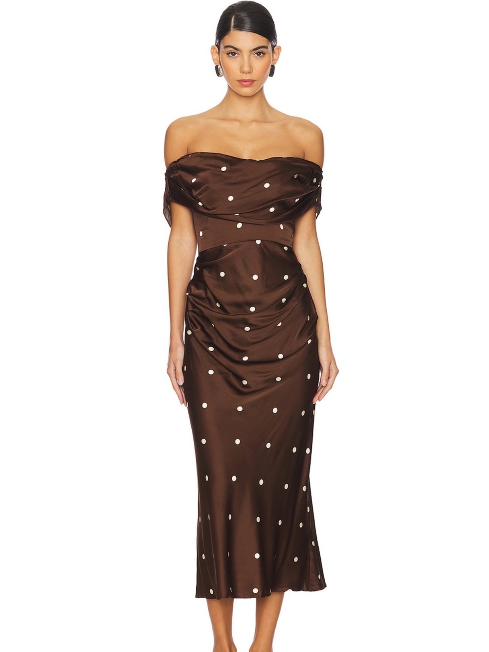 LPA Off-Shoulder Brown Polka Dot Midi Dress